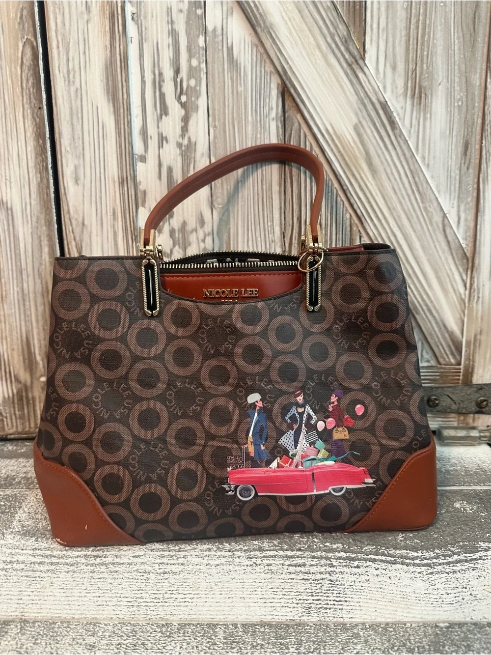 Nicole Lee USA Brown Satchel Handbag Purse Retro Convertible Print NWT Tags